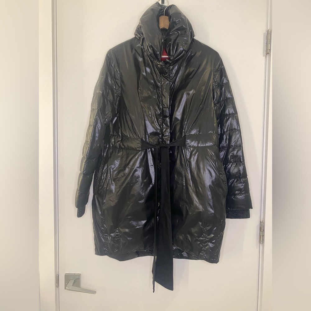 Moncler Shiny Black Puffer Parka Coat Jacket with Belt